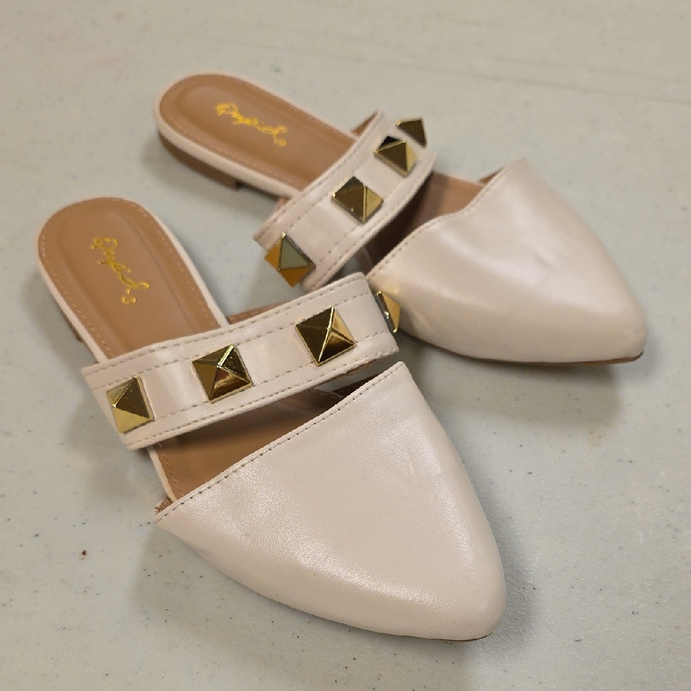 Qupid Cream Pointed-Toe Slip-On Mules with Gold Studs
